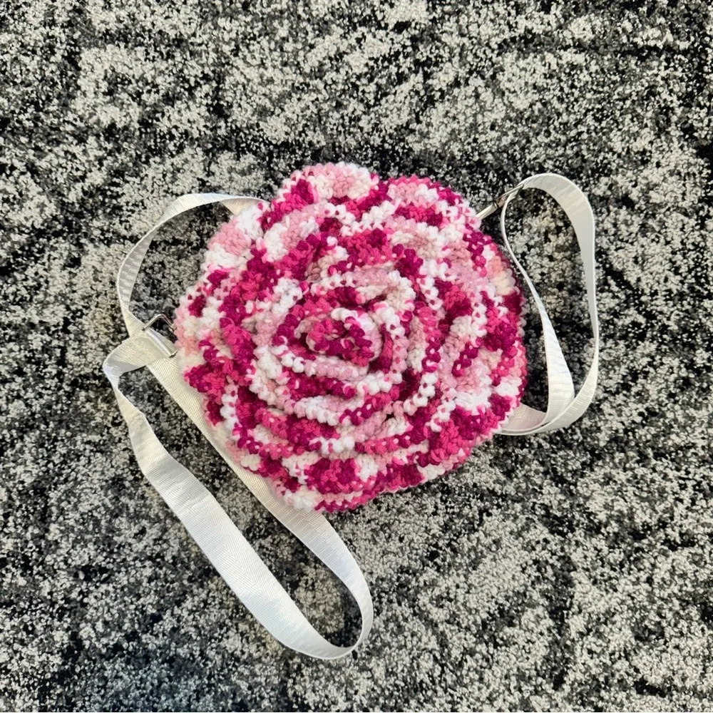 Pink & White Hand Crocheted Rose Purse